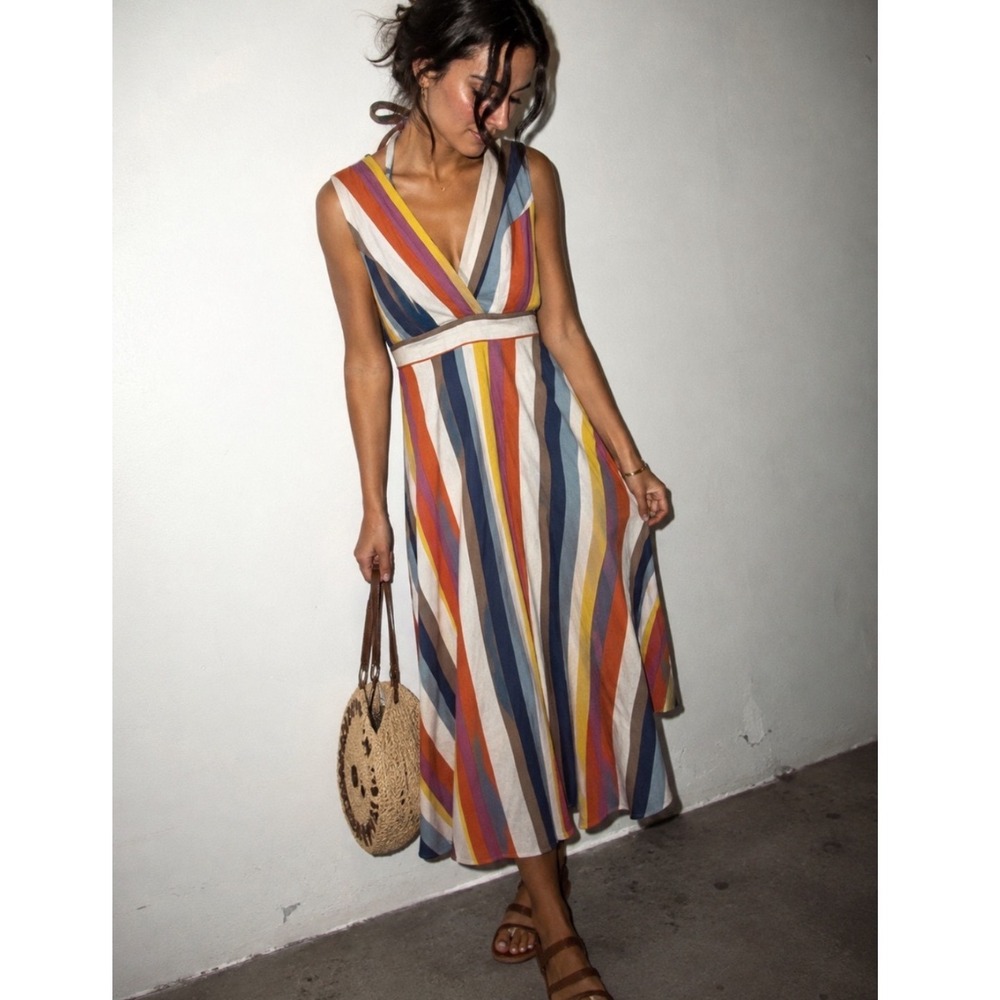 Gilli Womens Multi Color Striped Linen Blend Bow Back Midi Dress Size S NEW